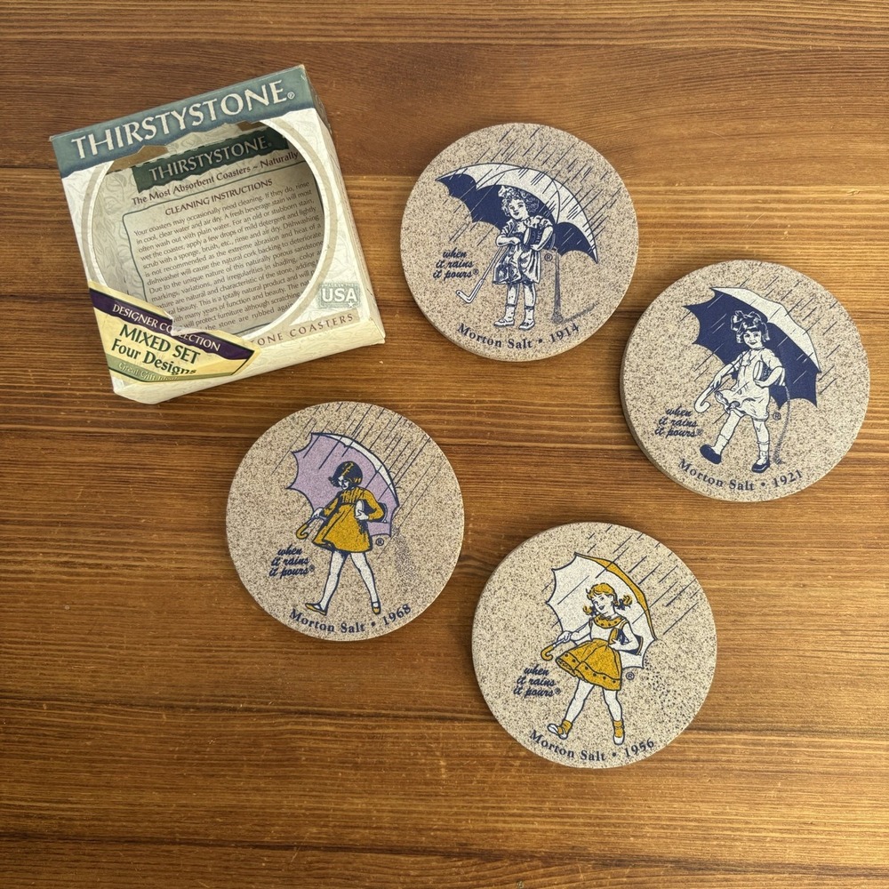 Thirstystone Morton Salt Stone Coasters Set of 4 Designer Collection W Box USA
